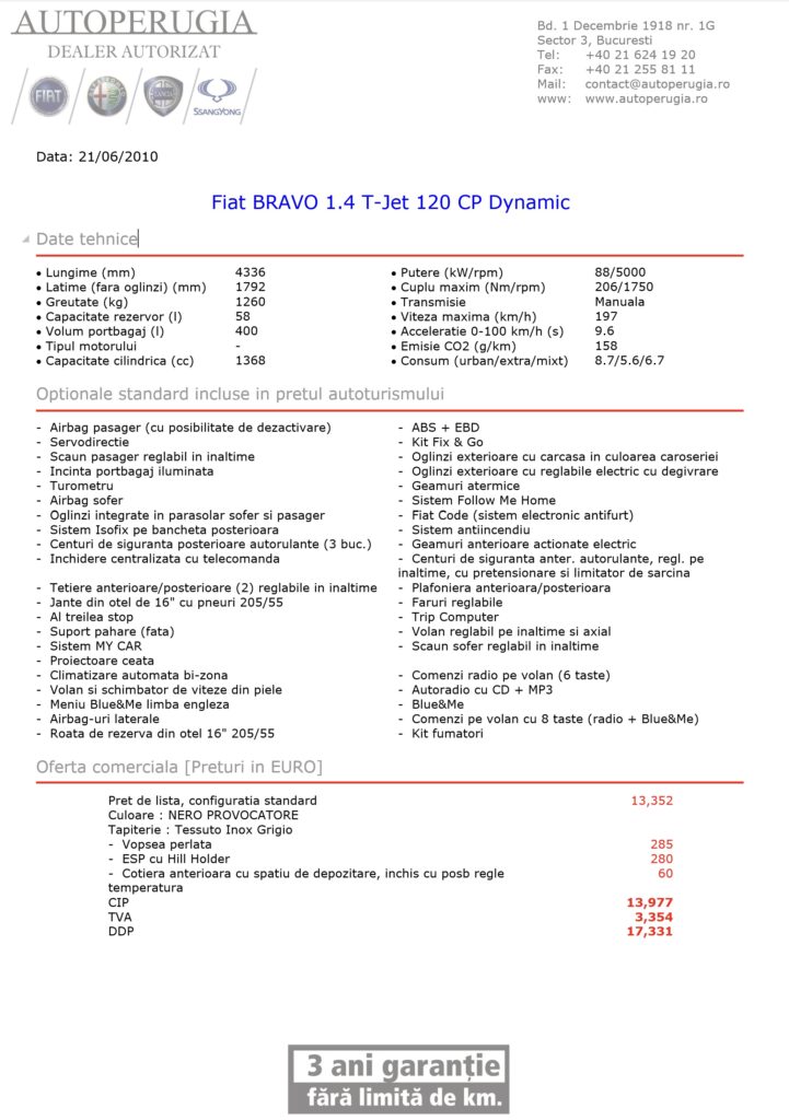 Fiat Bravo 1.4 T-JET Dynamic (primul proprietar, 92000 km)